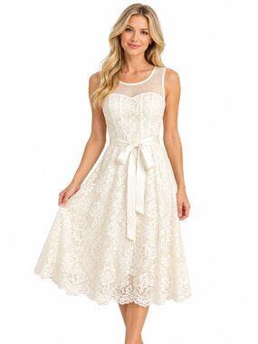 Candalite Ivory/Cream Lace Sheer Yoke Fit & Flare Dress Size S NWT